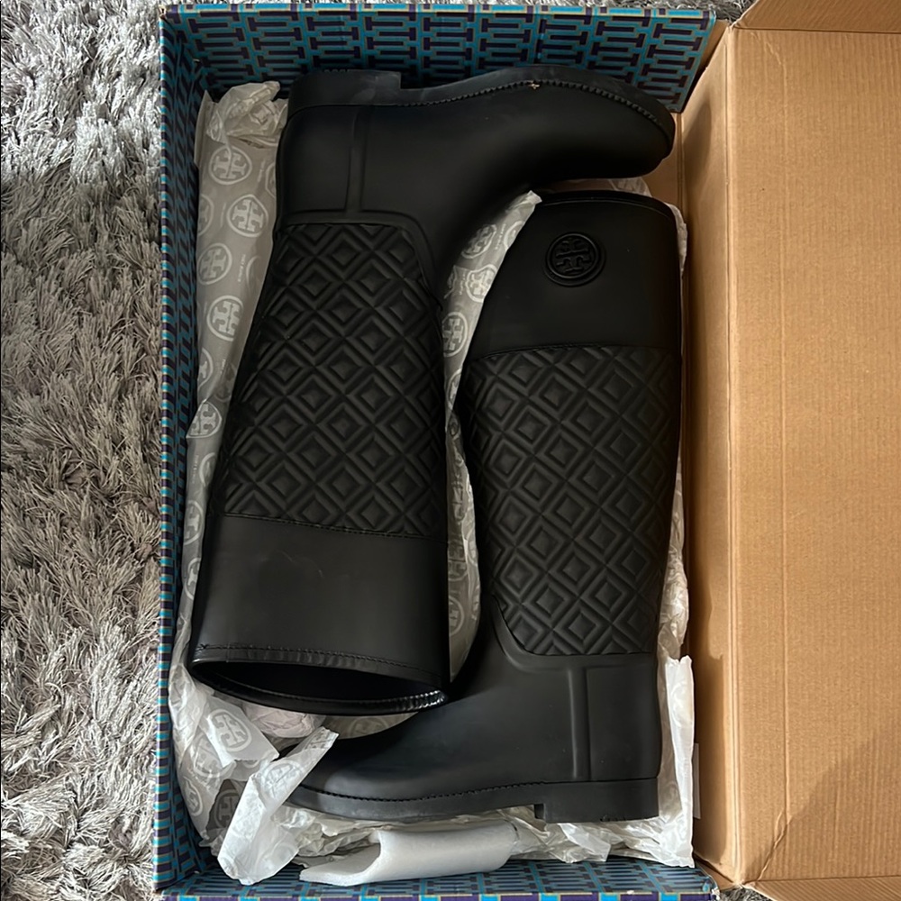 Black Quilted Tory Burch Rain Boots